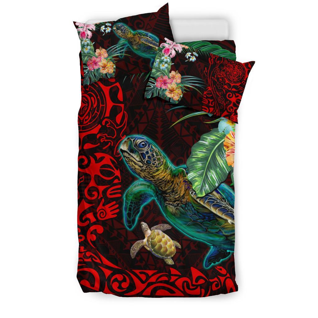 Tiki Polynesian Bedding Set Turtle Hibiscus - Red - Vibe Hoodie Shop