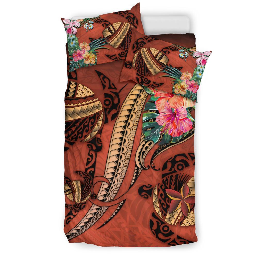 Polynesian Turtle Bedding Set - Tribal Tattoo With Hibiscus Coral - Vibe Hoodie Shop