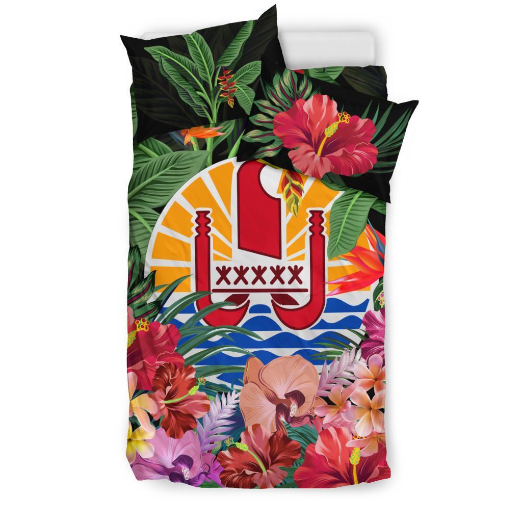 Tahiti Bedding Set - Coat Of Arms Tropical Flowers And Banana Leaves - Vibe Hoodie Shop