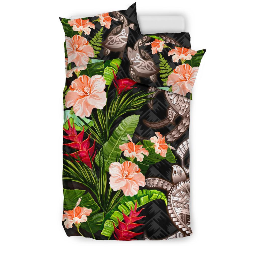 Turtle Polynesian Bedding Set Palm Leaf Hibiscus - Vibe Hoodie Shop