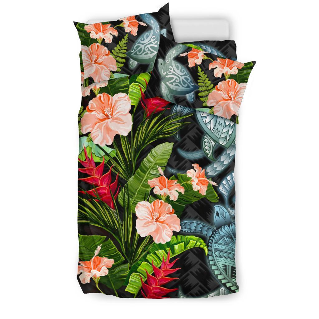 Turtle Bedding Set Palm Leaves Mix Hibiscus - Vibe Hoodie Shop