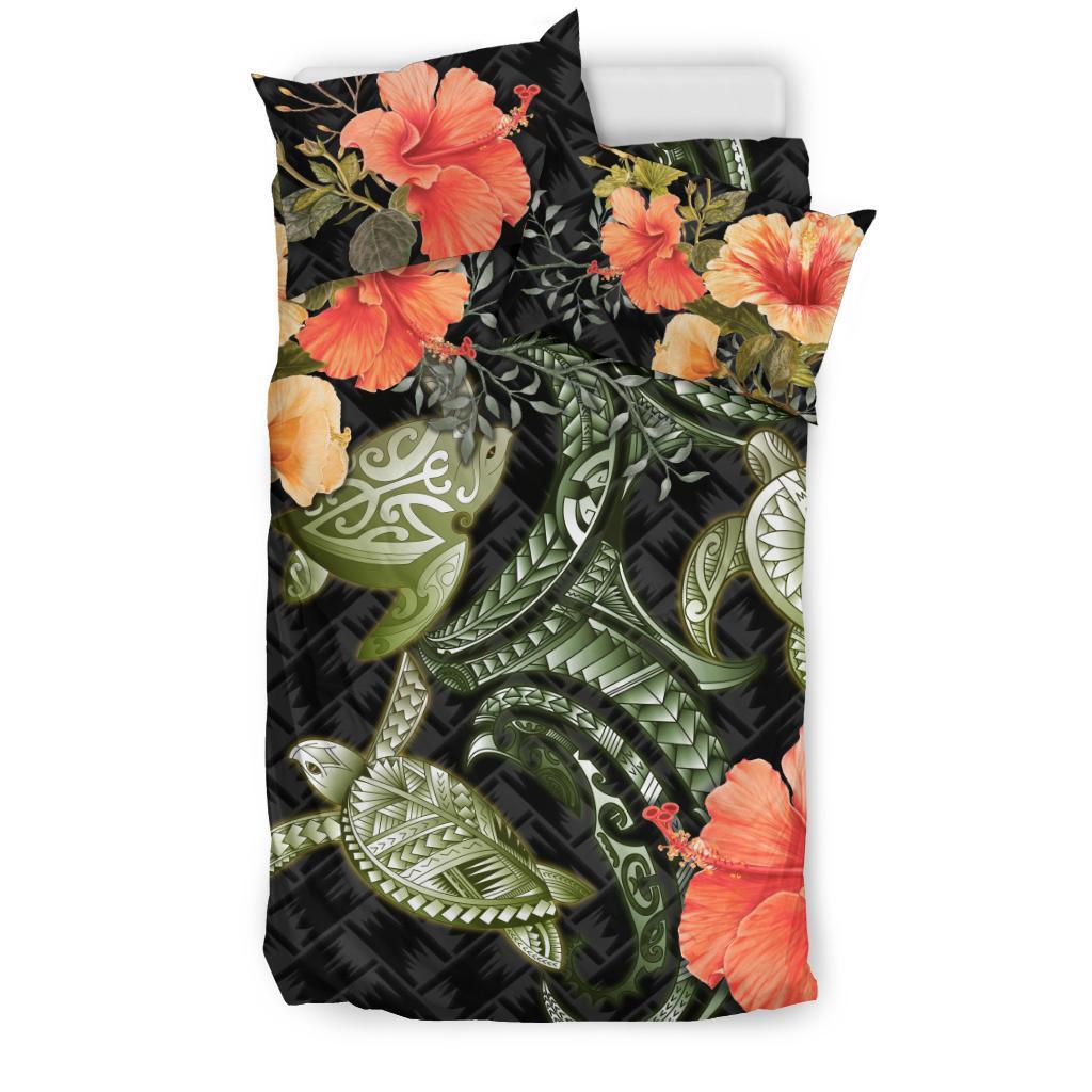 Three Turtle Bedding Set Polynesian Hibiscus Duvet Cover And Pillow Case - Vibe Hoodie Shop