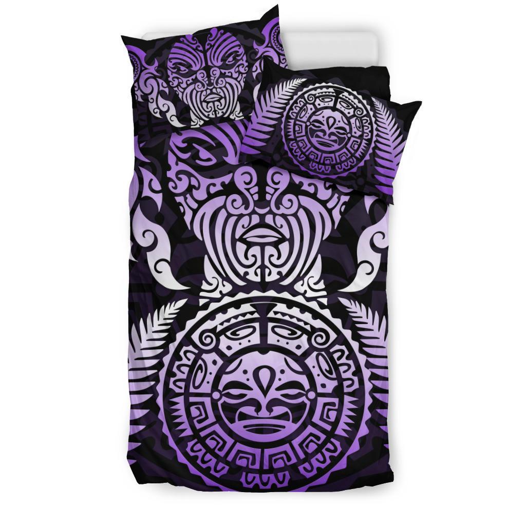 Maori Face Fern New Zealand Bedding Set Purple - Vibe Hoodie Shop