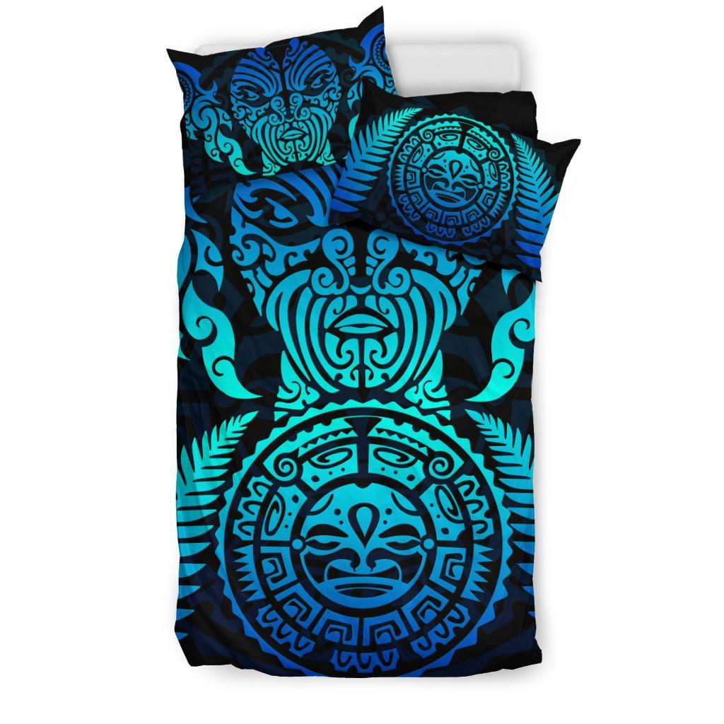 Maori Face Fern New Zealand Bedding Set Blue - Vibe Hoodie Shop