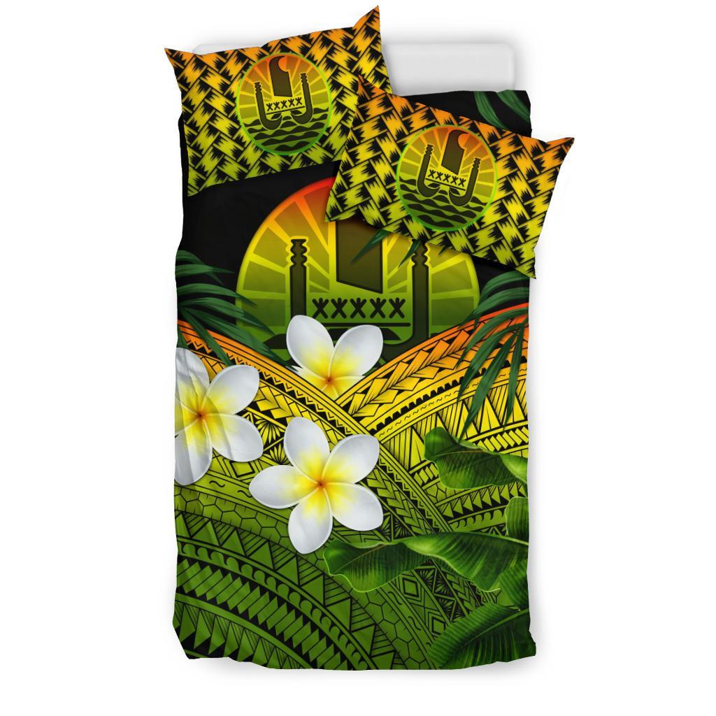 Tahiti Bedding Set, Polynesian Plumeria Banana Leaves Reggae - Vibe Hoodie Shop