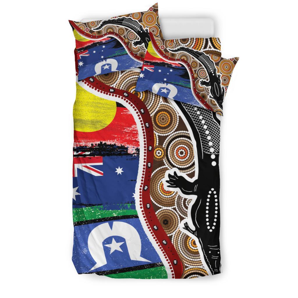 Aboriginal Bedding Set - Indigenous Crocodile With NAIDOC Week 2022 Flags - Vibe Hoodie Shop