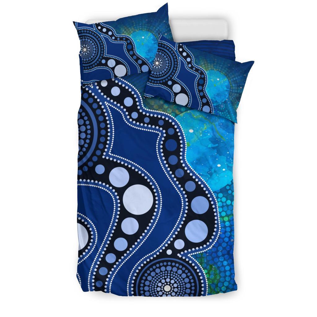 Aboriginal Bedding Set - Australia Indigenous Flag Circle Dot Painting Art (Blue) - Vibe Hoodie Shop