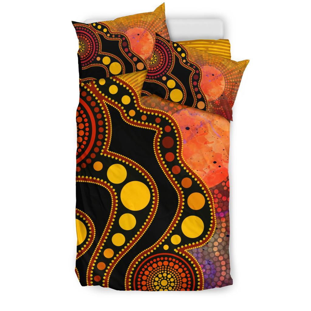 Aboriginal Bedding Set - Australia Indigenous Flag Circle Dot Painting Art (Golden) - Vibe Hoodie Shop