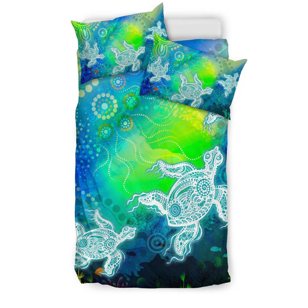 Aboriginal Bedding Set - Indigenous Turtle Ocean Dot Painting Art - Vibe Hoodie Shop