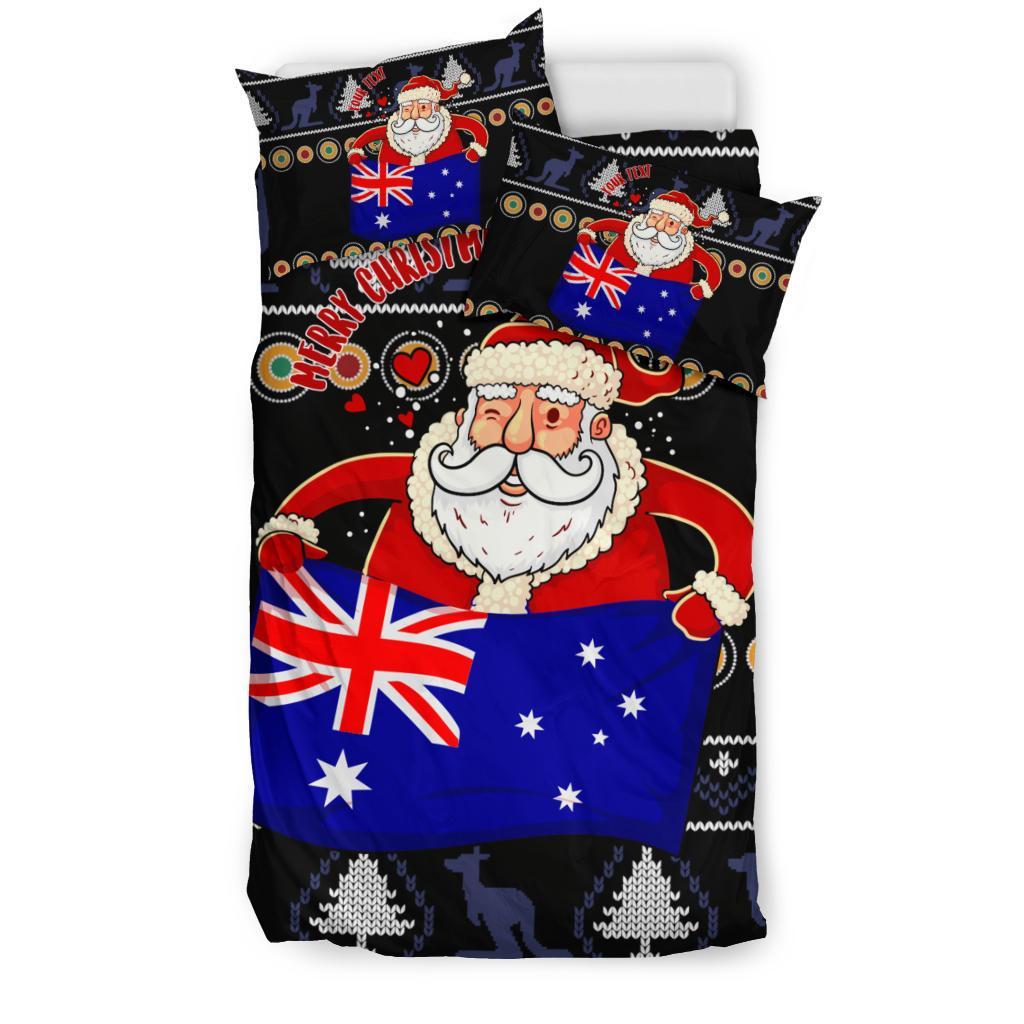 Christmas Personalised Bedding Set - Australia Santa Claus Hold The Flag (Black) - Vibe Hoodie Shop