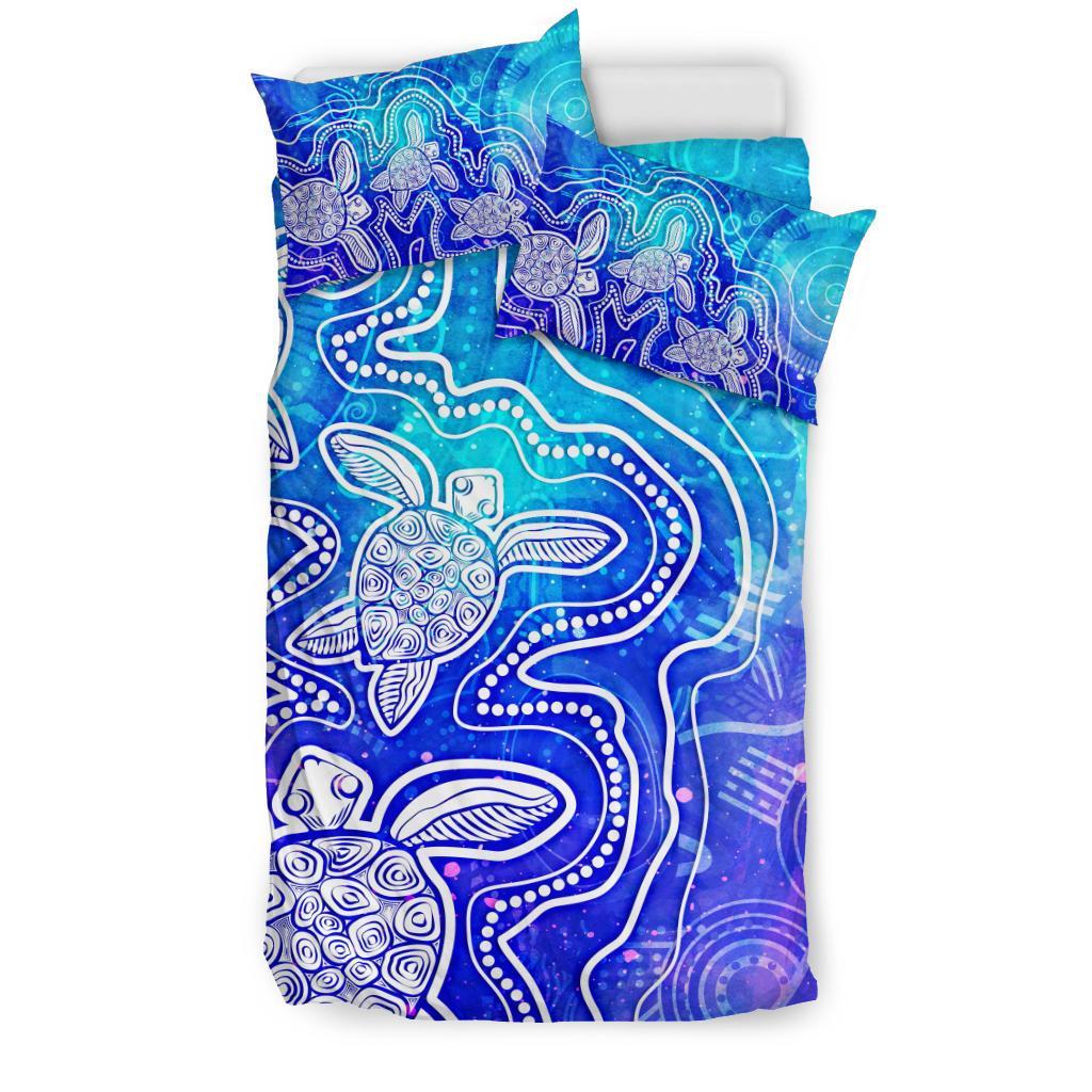 Aboriginal Bedding Set - Sea Turtle With Indigenous Patterns (Blue) - Vibe Hoodie Shop