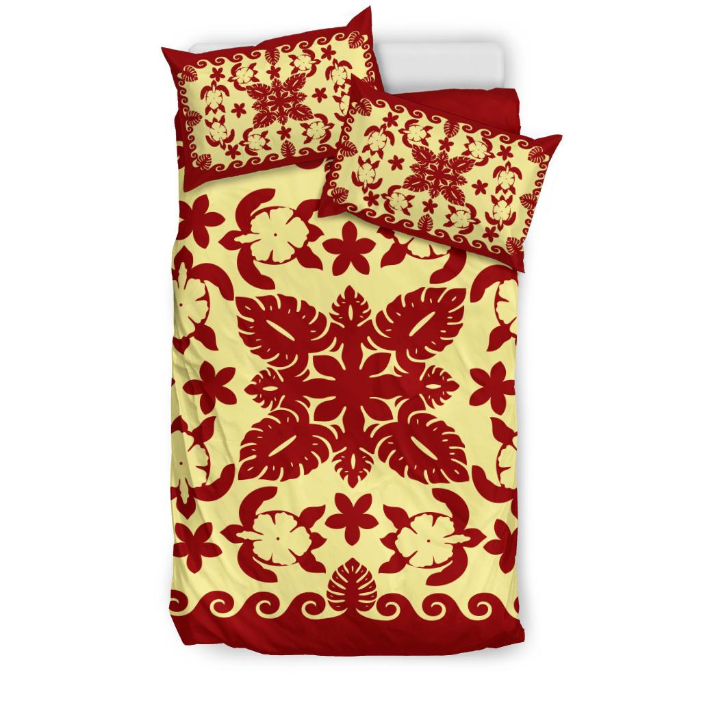 Turtle with Hibiscus Royal Red Bedding Set Palm Leaf - Vibe Hoodie Shop