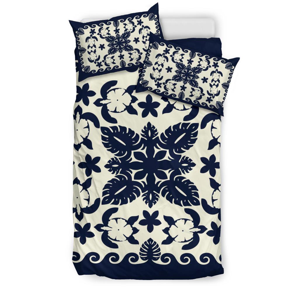 Turtle with Hibiscus Royal Navy Bedding Set Palm Leaf - Vibe Hoodie Shop