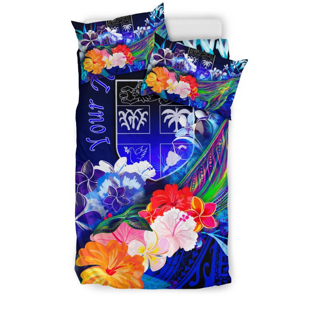 Fiji Custom Personalised Bedding Set - Humpback Whale with Tropical Flowers (Blue) - Vibe Hoodie Shop