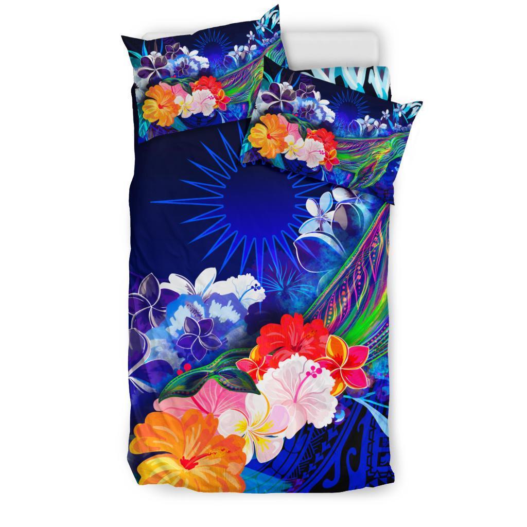 Marshall Islands Bedding Set - Humpback Whale with Tropical Flowers (Blue) - Vibe Hoodie Shop