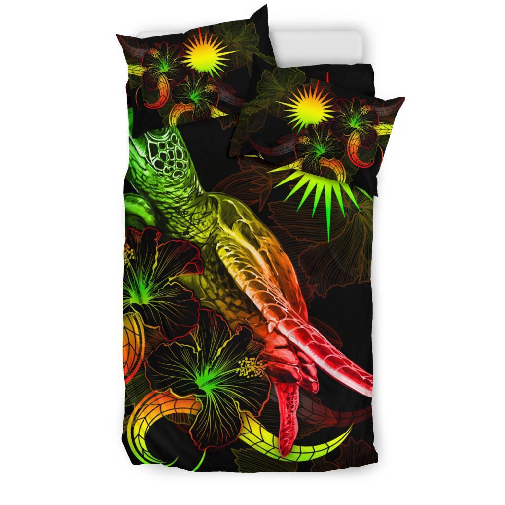 Marshall Islands Polynesian Bedding Set - Turtle With Blooming Hibiscus Reggae - Vibe Hoodie Shop