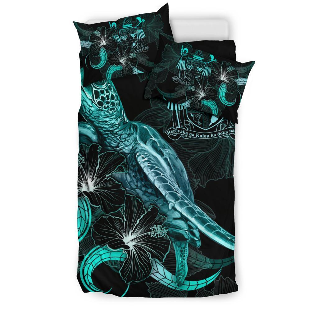 Fiji Polynesian Bedding Set - Turtle With Blooming Hibiscus Turquoise - Vibe Hoodie Shop