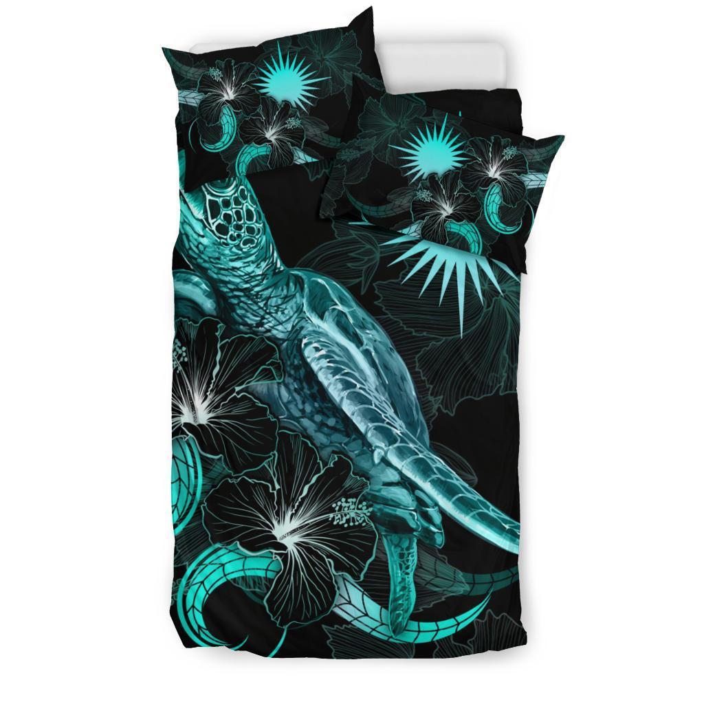 Marshall Islands Polynesian Bedding Set - Turtle With Blooming Hibiscus Turquoise - Vibe Hoodie Shop