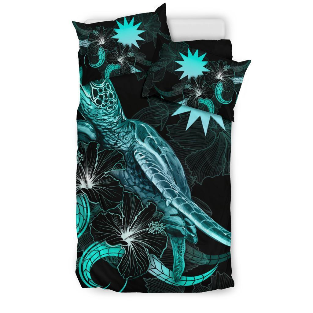 Nauru Polynesian Bedding Set - Turtle With Blooming Hibiscus Turquoise - Vibe Hoodie Shop