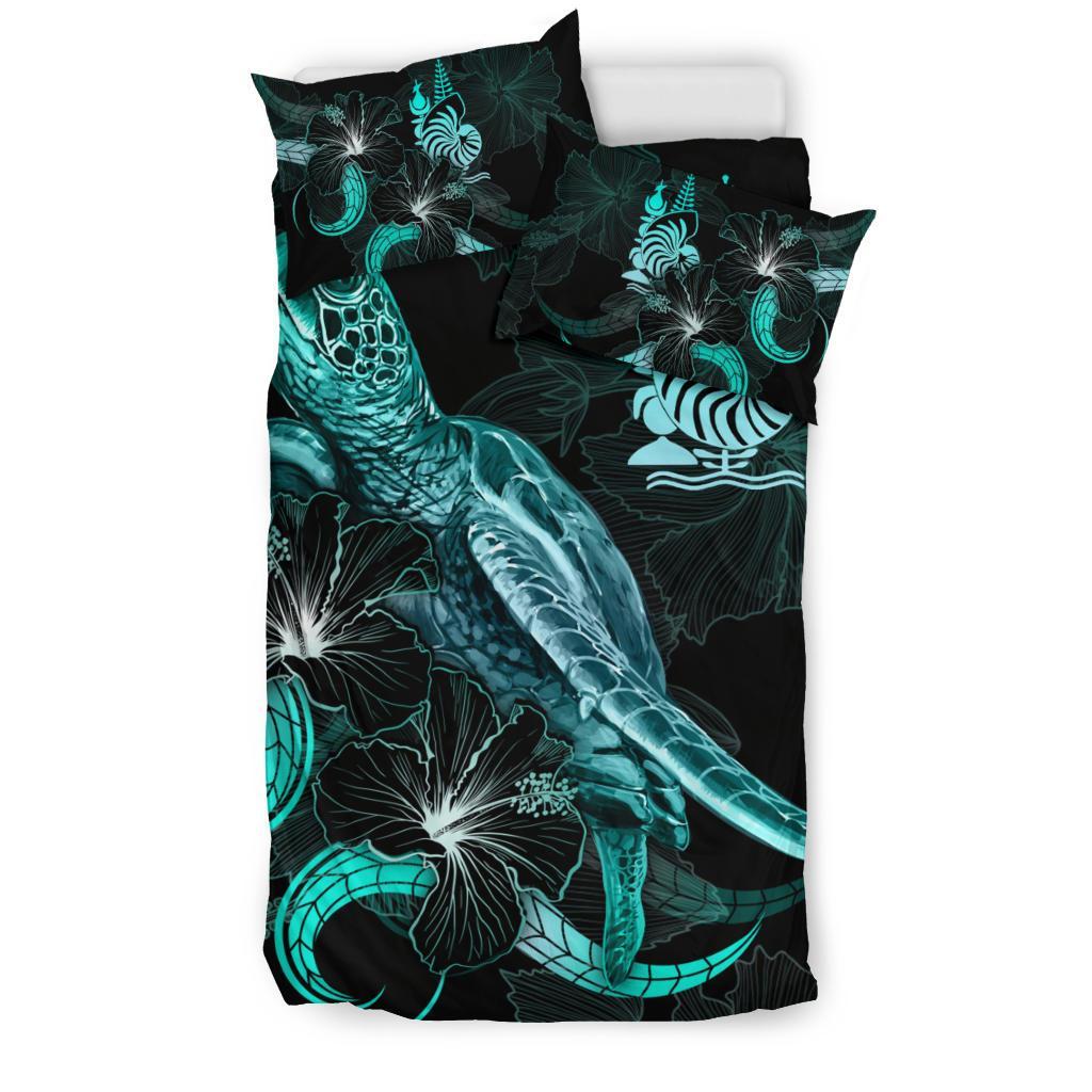 New Caledonia Polynesian Bedding Set - Turtle With Blooming Hibiscus Turquoise - Vibe Hoodie Shop