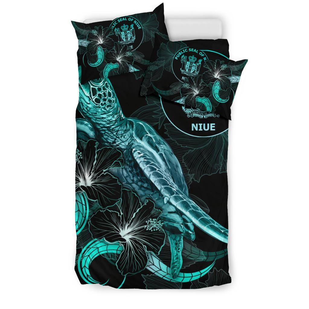 Niue Polynesian Bedding Set - Turtle With Blooming Hibiscus Turquoise - Vibe Hoodie Shop