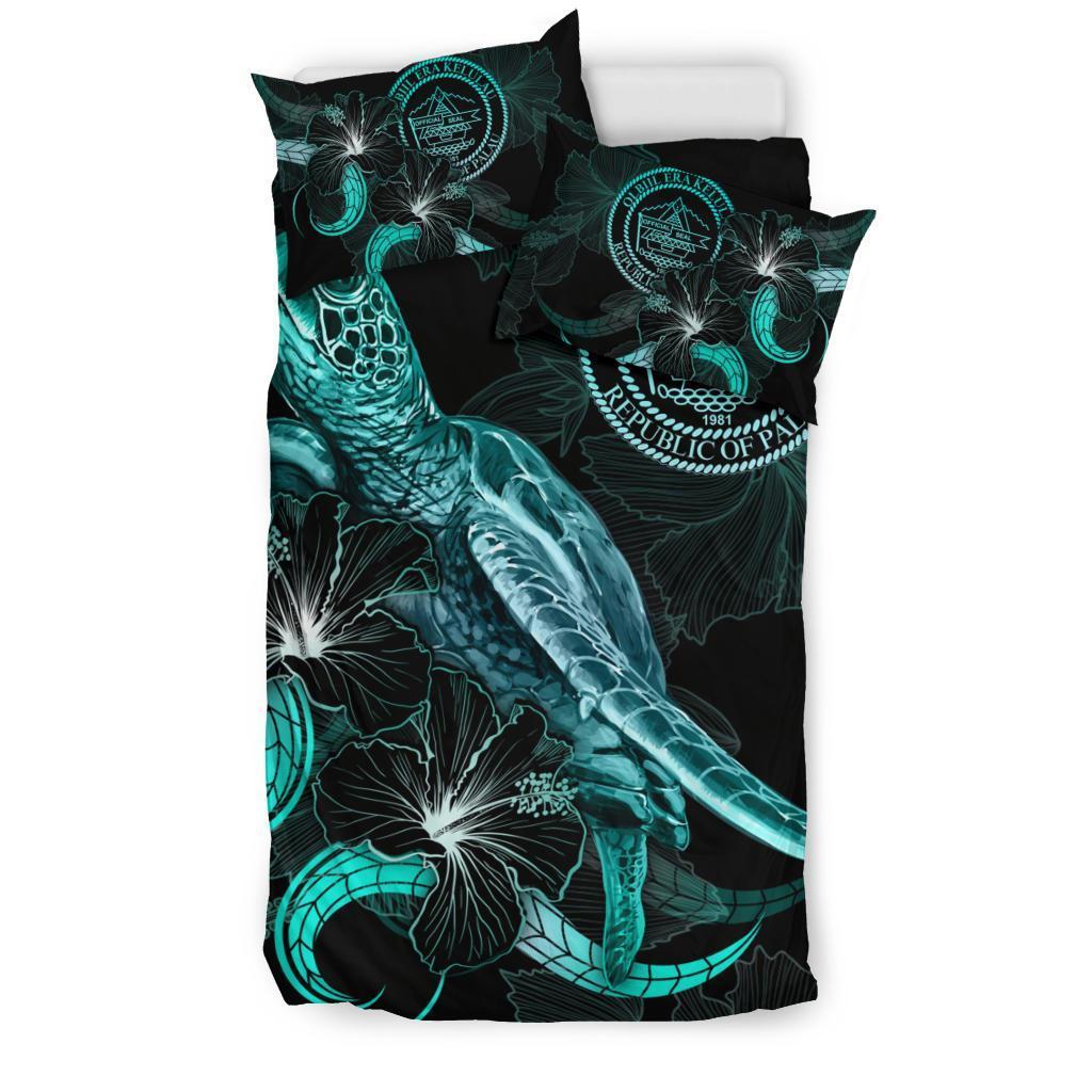 Palau Polynesian Bedding Set - Turtle With Blooming Hibiscus Turquoise - Vibe Hoodie Shop