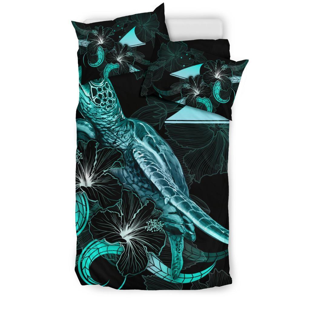Tokelau Polynesian Bedding Set - Turtle With Blooming Hibiscus Turquoise - Vibe Hoodie Shop