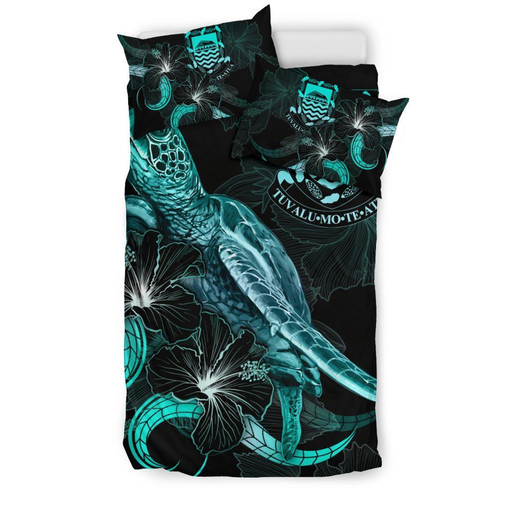 Tuvalu Polynesian Bedding Set - Turtle With Blooming Hibiscus Turquoise - Vibe Hoodie Shop