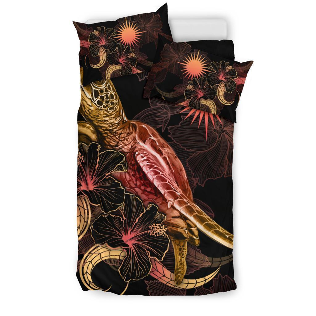 Nauru Polynesian Bedding Set - Turtle With Blooming Hibiscus Gold - Vibe Hoodie Shop