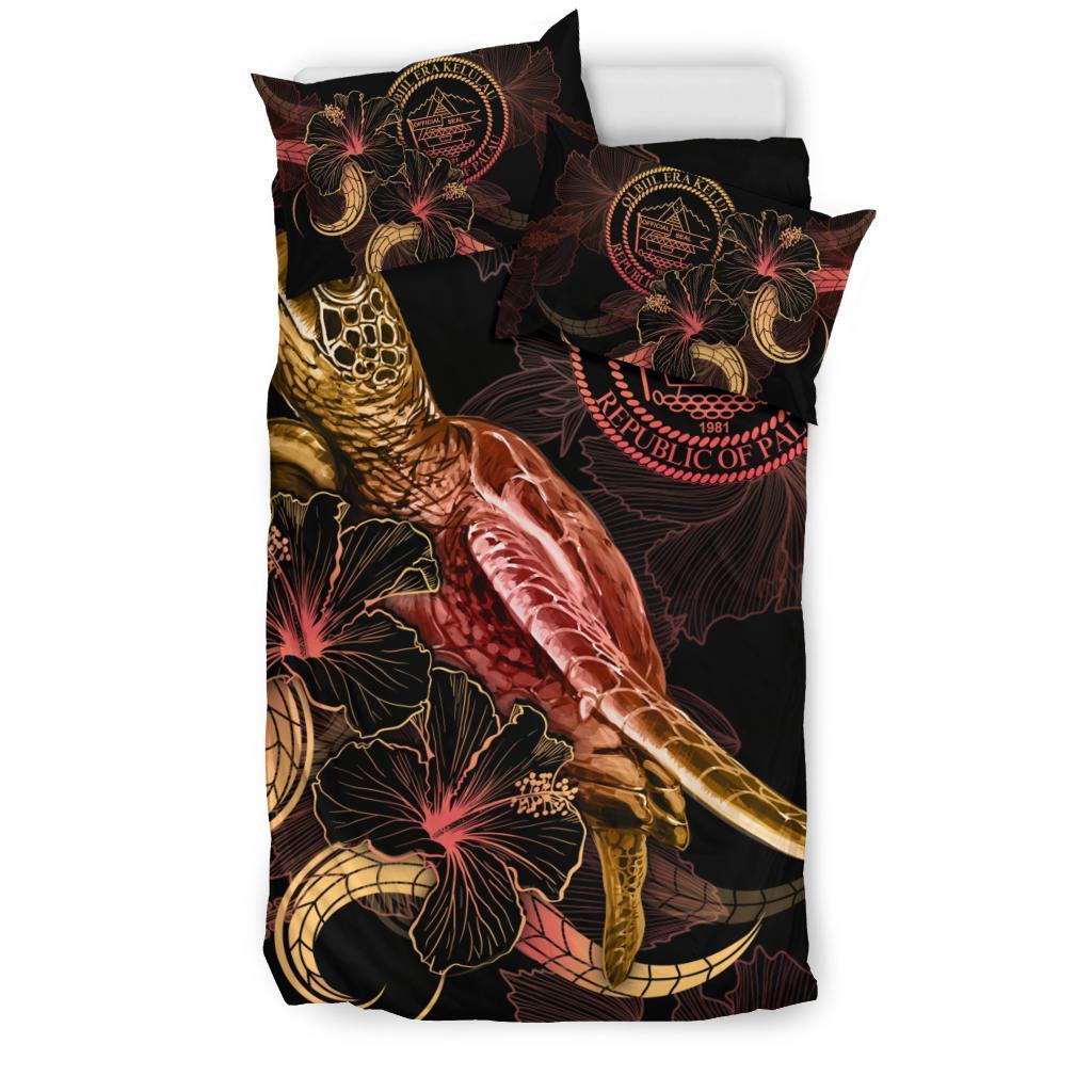 Palau Polynesian Bedding Set - Turtle With Blooming Hibiscus Gold - Vibe Hoodie Shop