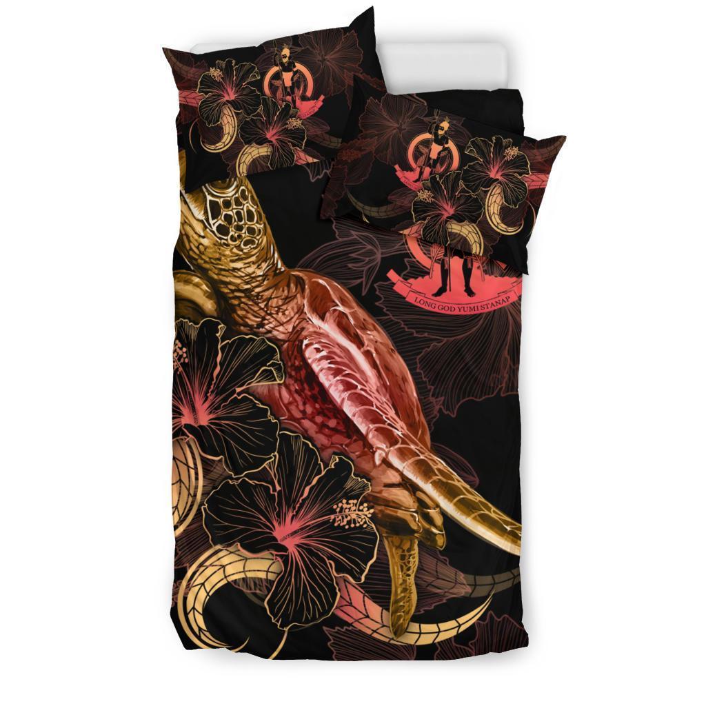 Vanuatu Polynesian Bedding Set - Turtle With Blooming Hibiscus Gold - Vibe Hoodie Shop
