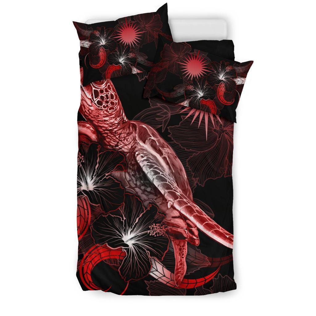 Marshall Islands Polynesian Bedding Set - Turtle With Blooming Hibiscus Red - Vibe Hoodie Shop