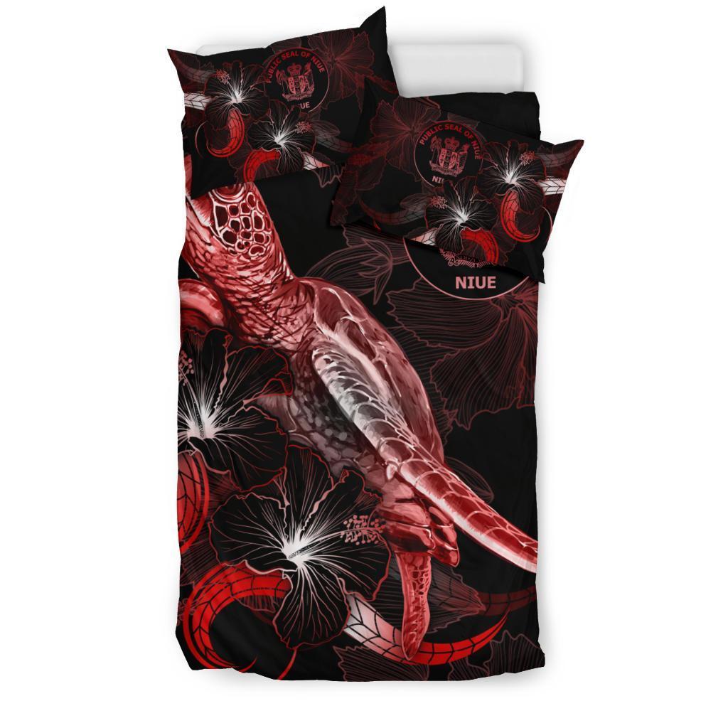 Niue Polynesian Bedding Set - Turtle With Blooming Hibiscus Red - Vibe Hoodie Shop