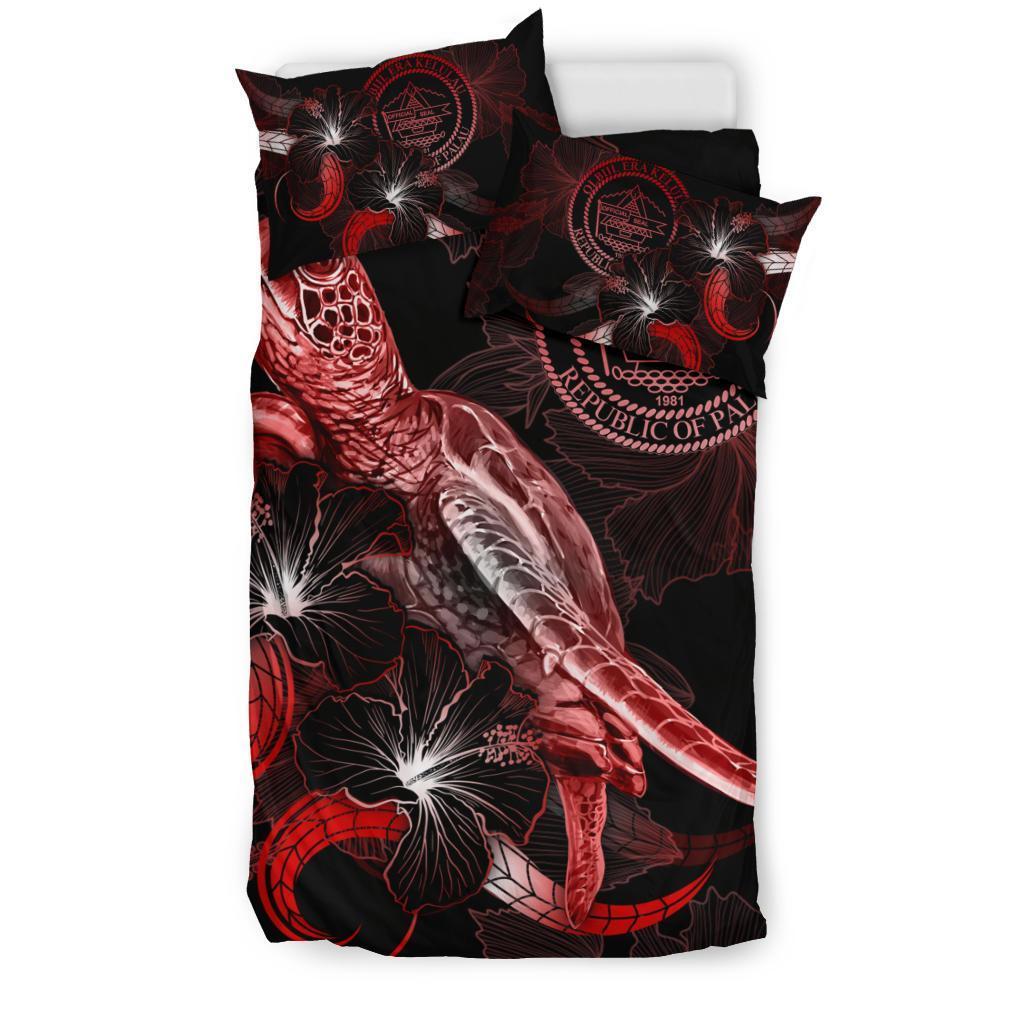 Palau Polynesian Bedding Set - Turtle With Blooming Hibiscus Red - Vibe Hoodie Shop