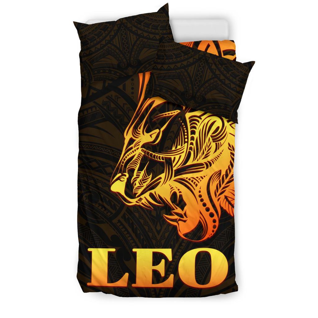 Sun In Leo Zodiac Bedding Set Polynesian Tattoo Simple - Orange Black - Vibe Hoodie Shop