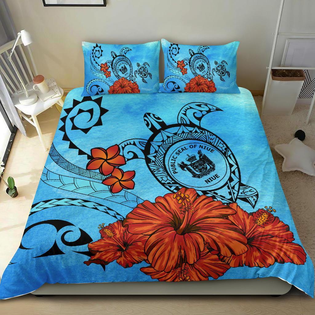 Niue Coat Of Arms Poly Sea Background Bedding Set - Vibe Hoodie Shop