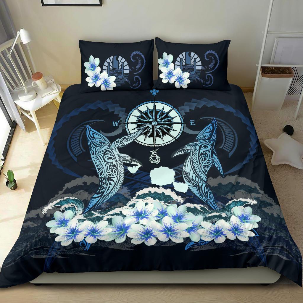 Tahiti Bedding Set - Shark Polynesia Compass Plumeria Blue - Vibe Hoodie Shop