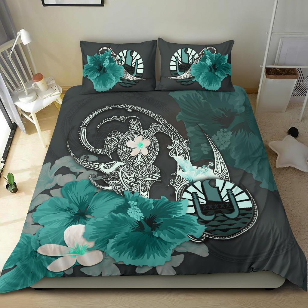 Tahiti Bedding Set - Hibiscus Turtle Tribal Turquoise - Vibe Hoodie Shop