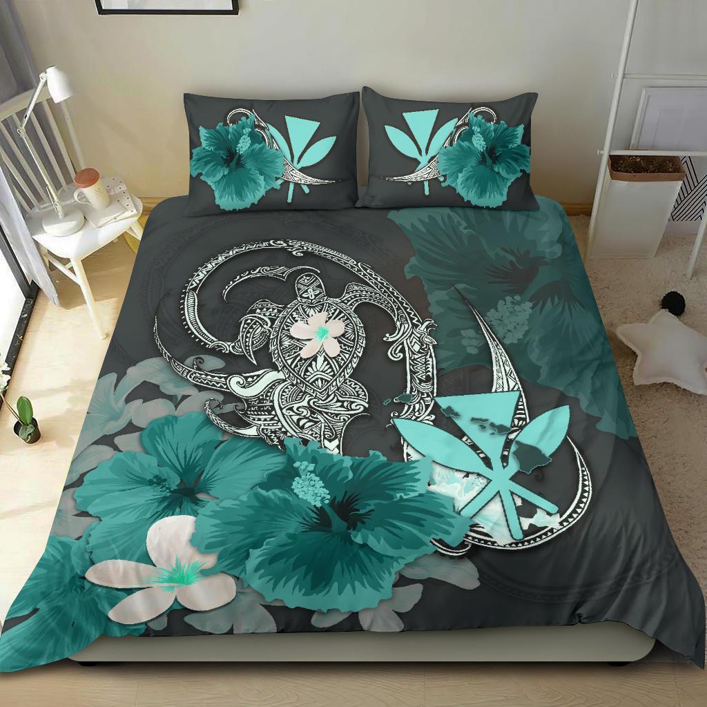 Kanaka Maoli (Hawaii) Bedding Set - Hibiscus Turtle Tribal Turquoise - Vibe Hoodie Shop