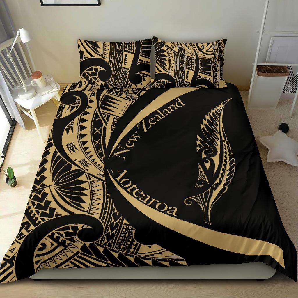 New Zealand Silver Fern Bedding Set Maori Tattoo Circle Style - Golden - Vibe Hoodie Shop