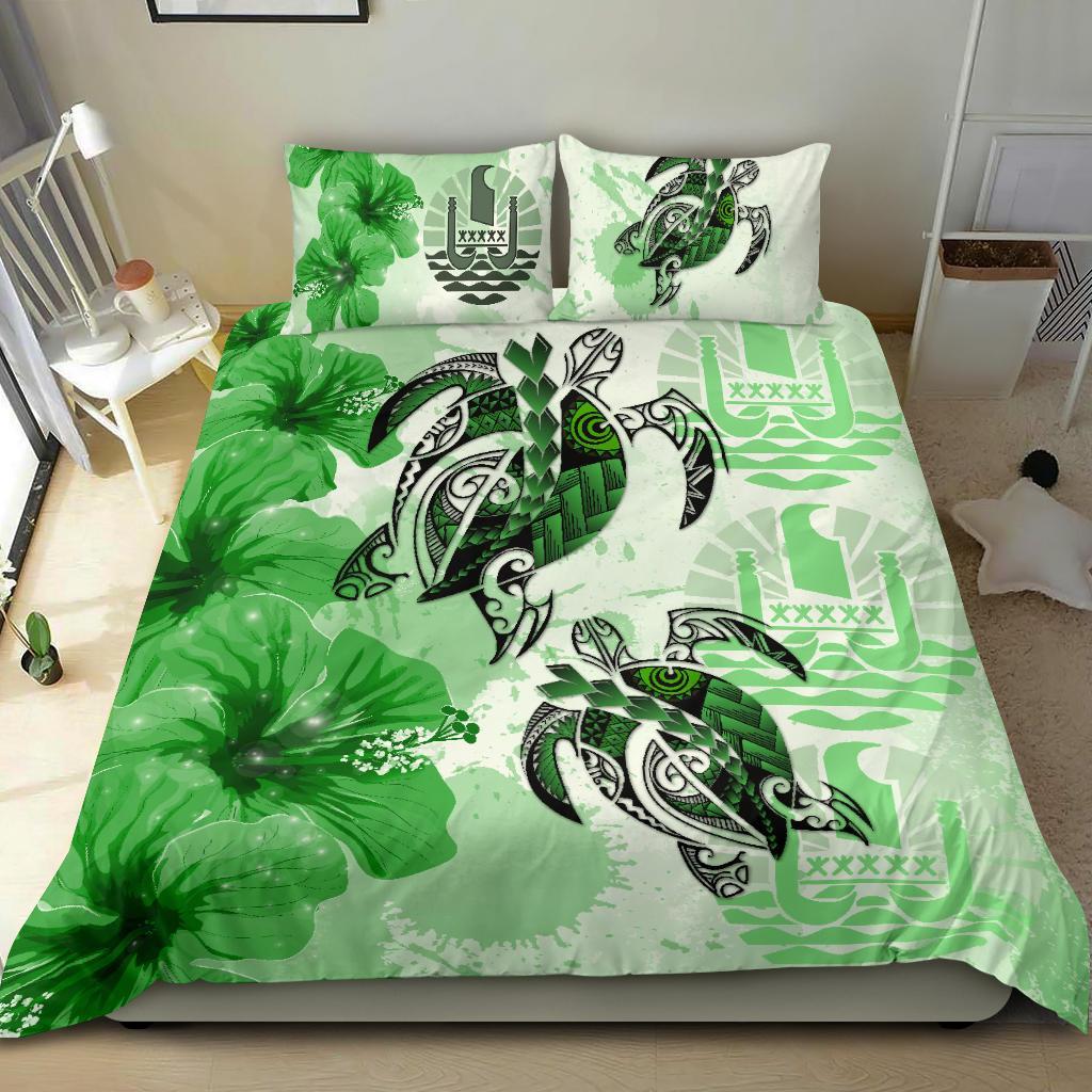 Tahiti Bedding Set - Polynesia Turtle Hibiscus Green - Vibe Hoodie Shop