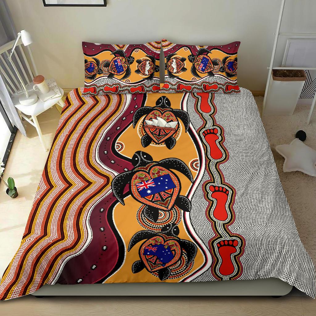 Aboriginal Bedding Set, Turtle Australia Flag Footprint Sydney Opera - Vibe Hoodie Shop