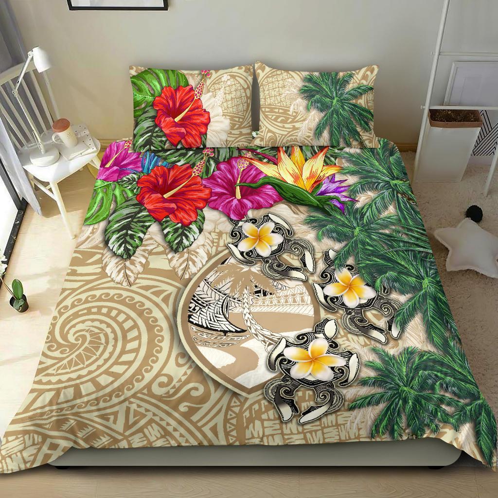 Guam Bedding Set - Hibiscus Turtle Tattoo Beige - Vibe Hoodie Shop