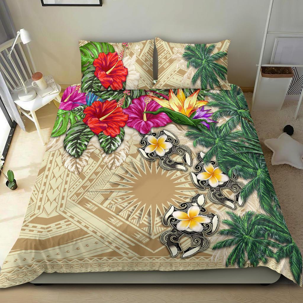 Marshall Islands Bedding Set - Hibiscus Turtle Tattoo Beige - Vibe Hoodie Shop