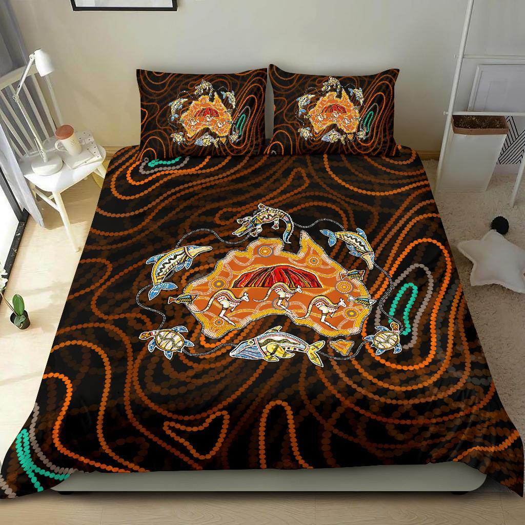 Aboriginal Bedding Set, Australia Map Kangaroo Crocodile Turtle Uluru - Vibe Hoodie Shop