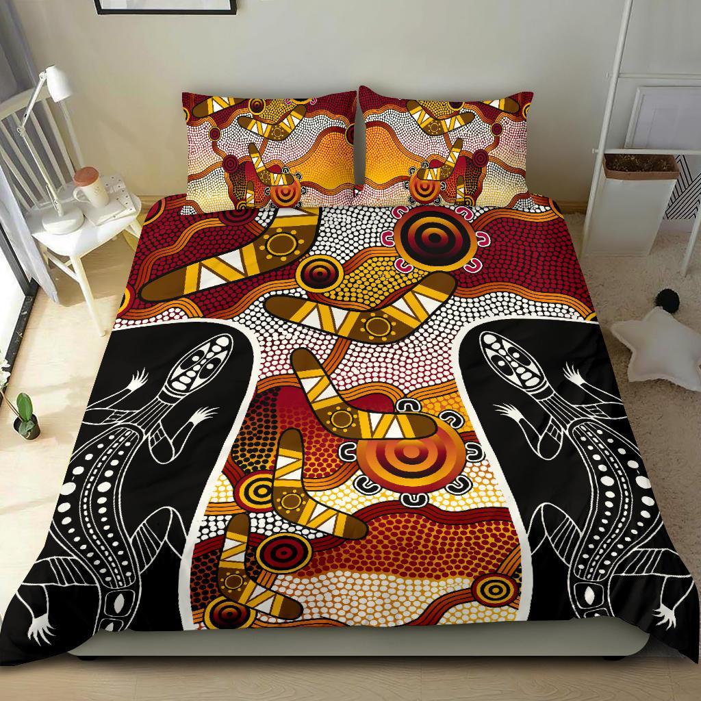 Aboriginal Bedding Set, Lizard Dot Painting Boomerang Patterns - Vibe Hoodie Shop