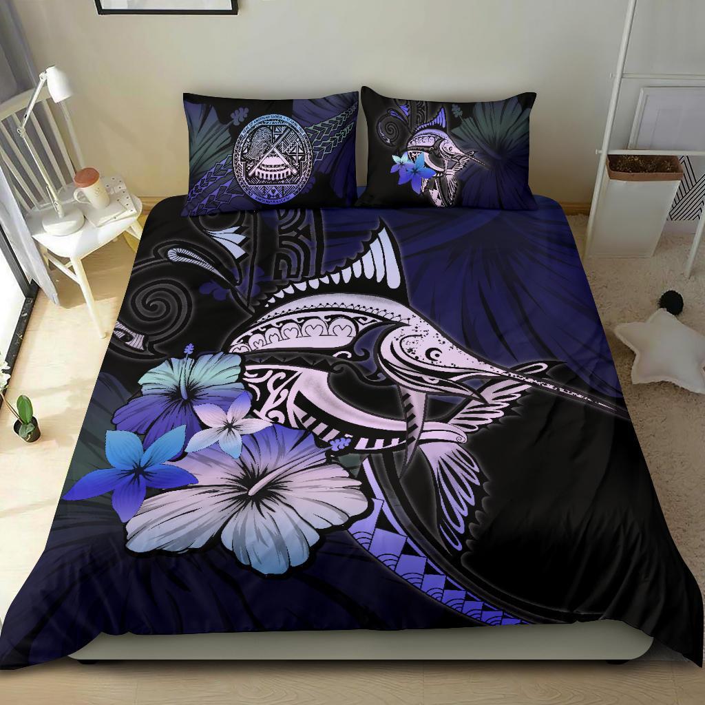 American Samoa Bedding Set - Purple Blue Marlin and Hibiscus - Vibe Hoodie Shop