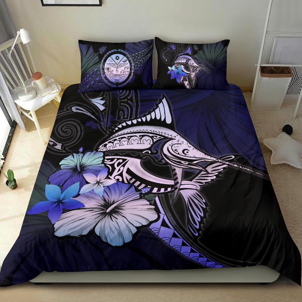 Marshall Islands Bedding Set - Purple Blue Marlin and Hibiscus - Vibe Hoodie Shop