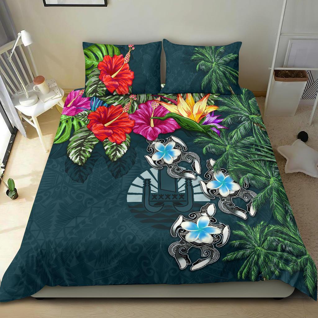 Tahiti Bedding Set - Hibiscus Turtle Tattoo Blue - Vibe Hoodie Shop