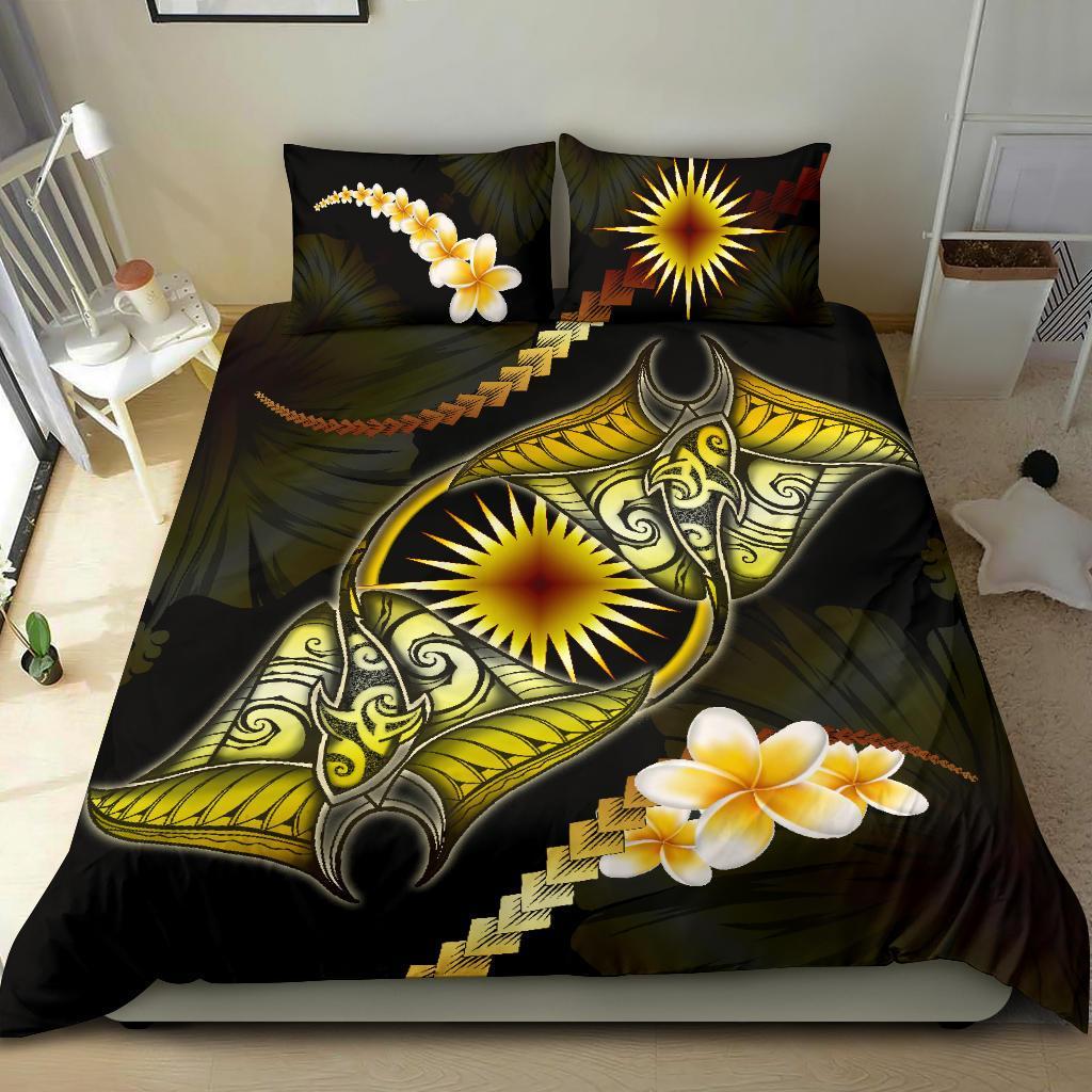 Marshall Islands Bedding Set Plumeria - Polynesian Manta Ray Yellow - Vibe Hoodie Shop